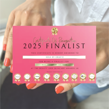Certificate announcing "2025 Finalist" with a pink background and gold accents.